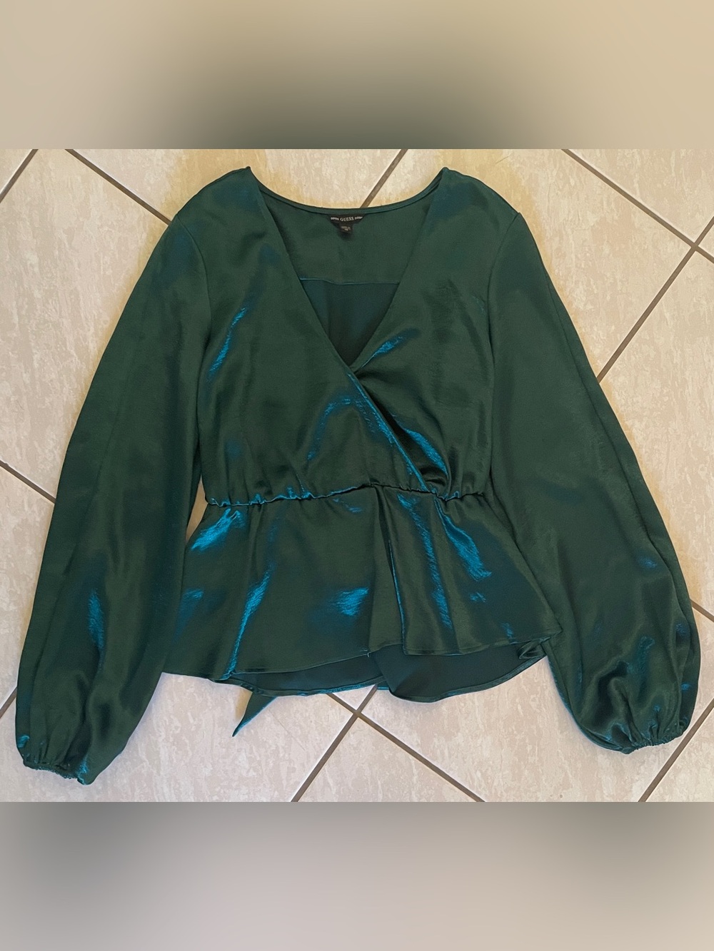 Guess Emerald Green Satin Wrap Peplum Blouse - Picture 10 of 14